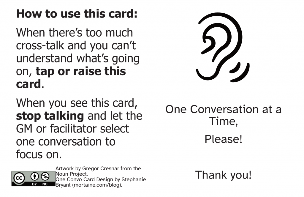 Right side: A large icon of an ear with the text "One Conversation at a Time, Please! Thank You" Left side: Instructions on how to use the One Convo Card: tap or raise the card when there is too much cross-talk at the table. When you see the card, stop talking so the GM or facilitator can select one conversation to focus on.