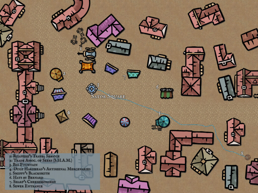 A top-down map of a market square. 8 locations are labeled: Riianere's Travel Service, Trade Assoc. of Seers (S.H.A.M.), Big Fountain, Dugz Hardhead's Artiseenal Mercenaries, Smiffy's Blacksmith, Hats by Bernard, Sharp's Cheesemonger, Sewer Entrance. One notable location that is unlabeled is a larger building complex on the left side of the map, near locations 1 and 2. This can be presented as the Unseen University if needed.